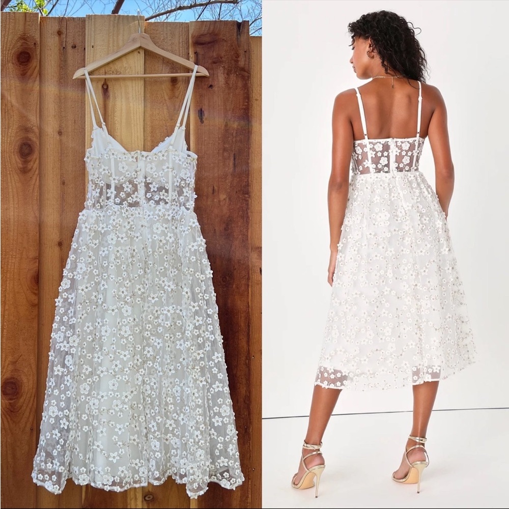 White and Sheer 3D Tulle Floral Applique Bustier Midi Dress 🌿 - Picture 3 of 13